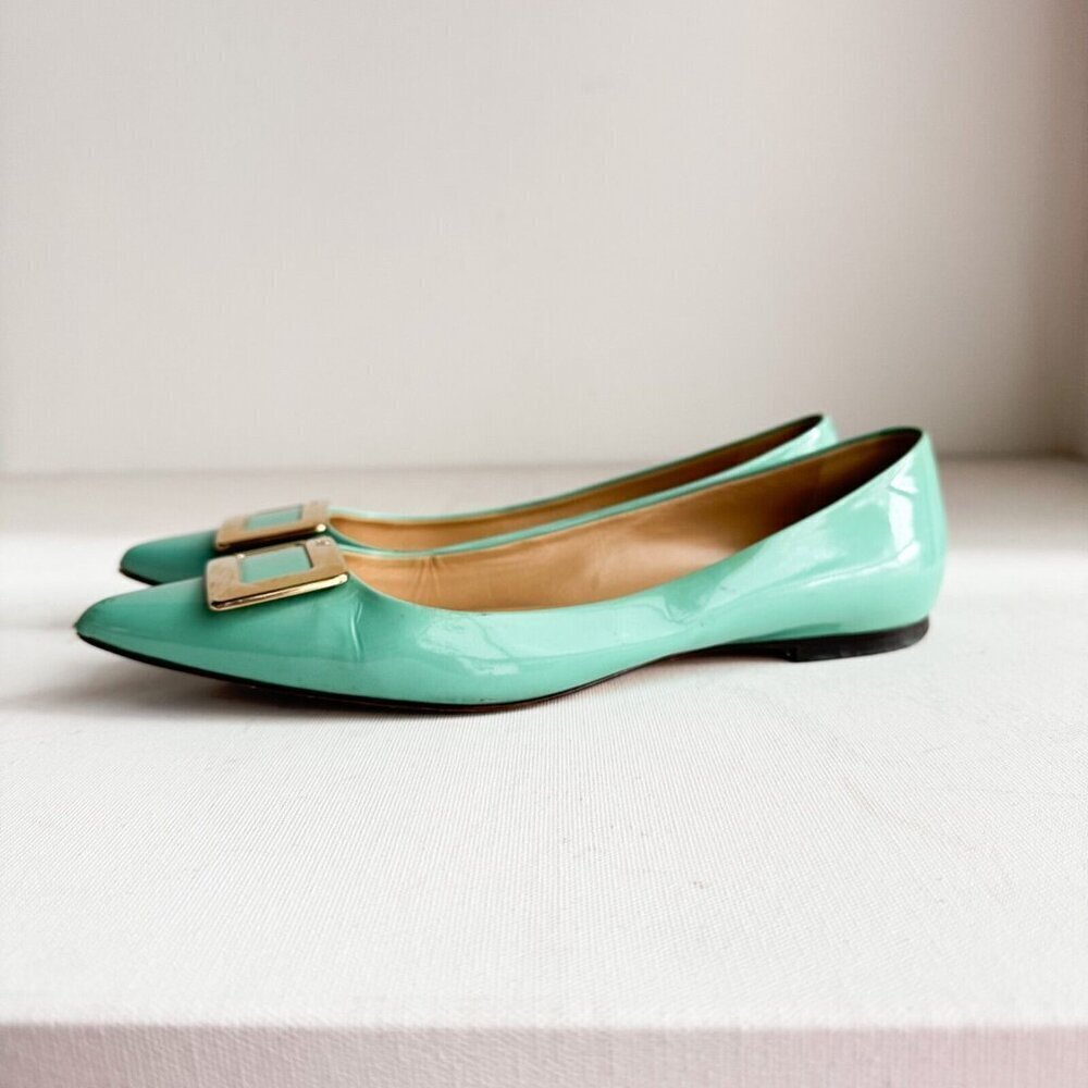 Roger Vivier Sea-foam Green Classic Buckle Accent Pointy Toe Flats  36.5 - Picture 7 of 12